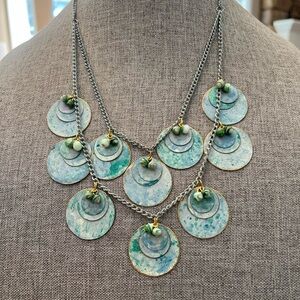 Necklace and Earrings Set - Aqua color metal disks with beads.